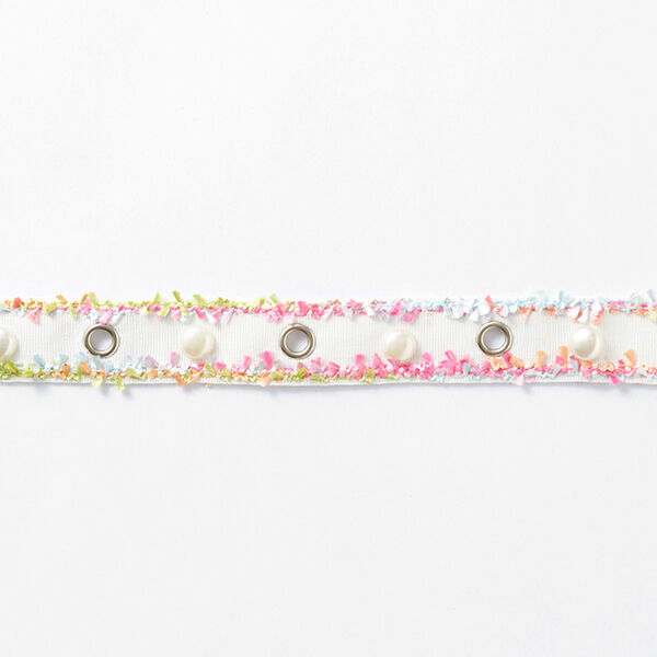Nastro tessuto occhielli e perline [25 mm] – bianco/pink,  image number 2