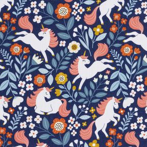 popeline di cotone Fiori - Unicorno stampa digitale – indaco, 