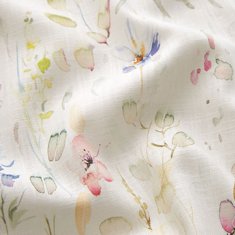 Misto lino-cotone con fiori acquarellati – bianco,  image number 2