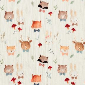 mussolina / tessuto doppio increspato Teste di animali della foresta stampa digitale – bianco lana, 
