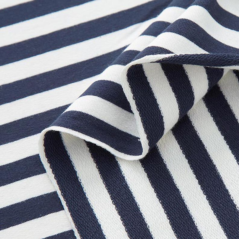 French terry, felpa estiva Righe tinte in filo – bianco lana/blu marino,  image number 3