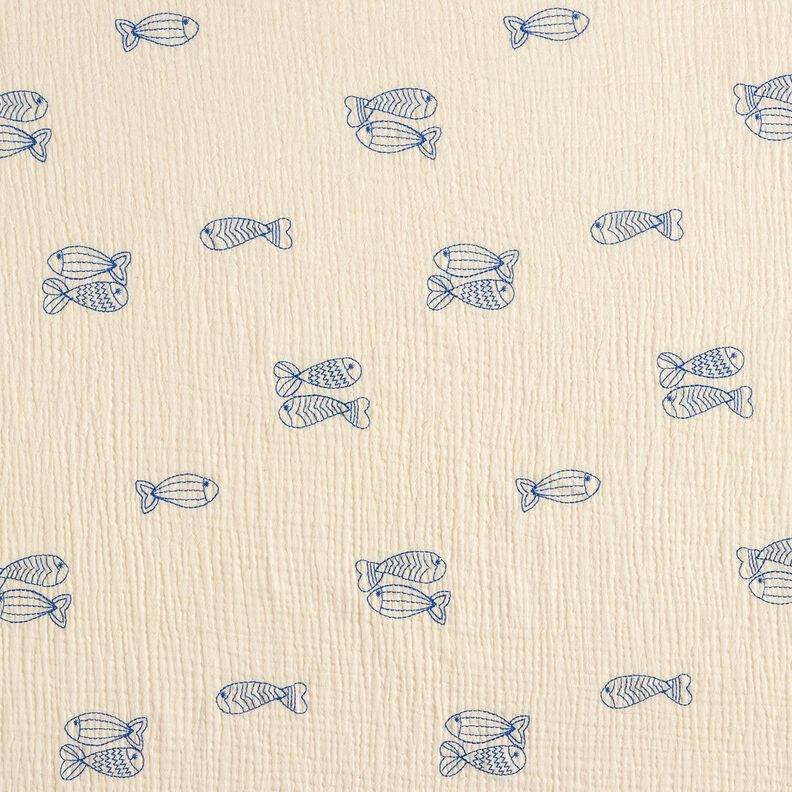 mussolina / tessuto doppio increspato Pesci ricamati | Poppy Fabrics – bianco lana/blu reale,  image number 1