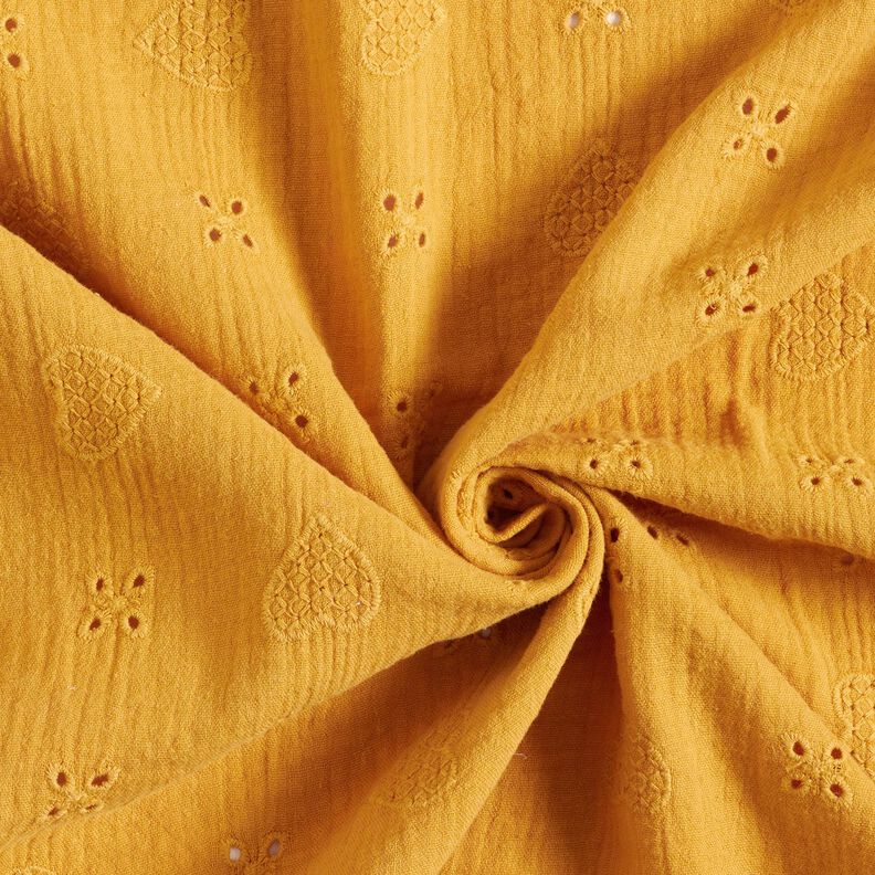 mussolina / tessuto doppio increspato ricami a giorno Cuori – giallo curry,  image number 3