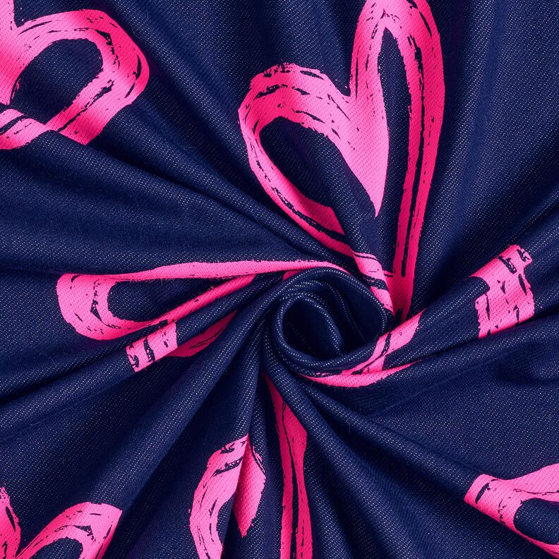 French terry, felpa estiva effetto jeans, cuori neon – blu notte/fucsia neon, image number 3