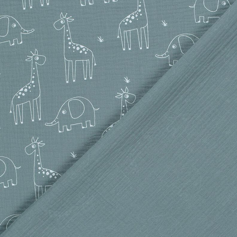 mussolina / tessuto doppio increspato Grandi giraffe ed elefanti – blu colomba,  image number 4