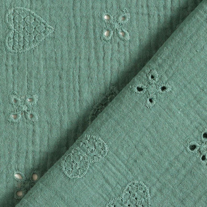 mussolina / tessuto doppio increspato ricami a giorno Cuori – abete blu,  image number 4