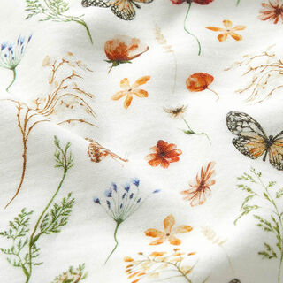 GOTS mussolina / tessuto doppio increspato prato fiorito con farfalle stampa digitale – bianco lana, 