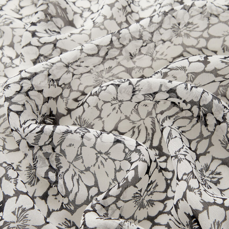 Chiffon increspato con ornamenti floreali – bianco/nero,  image number 2