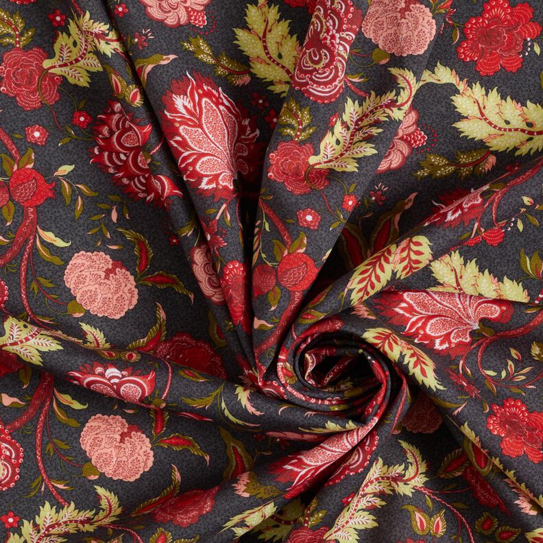 Tessuto di viscosa Fiori paisley – antracite/rosso fuoco,  image number 3