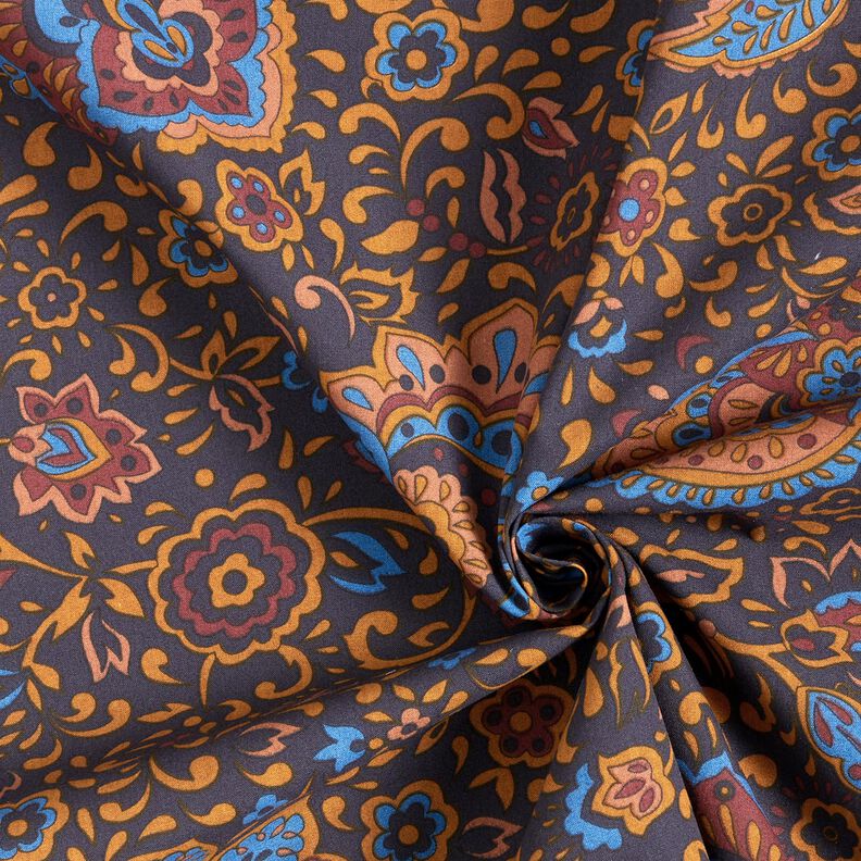 tessuto per camicie Fiori retrò e motivi paisley – blu notte/caramello,  image number 3