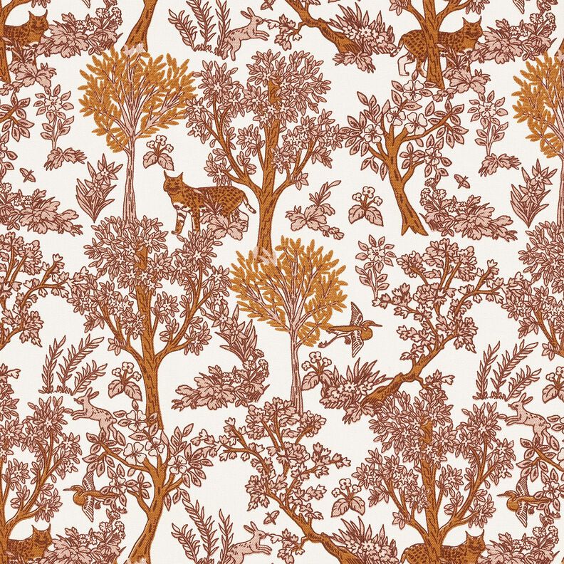 tessuto arredo mezzo panama animali nella foresta – bianco/caramello, image number 1
