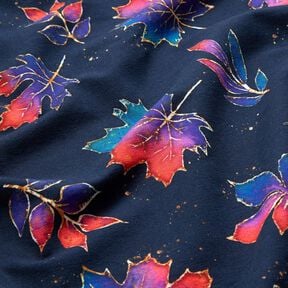 French terry Foglie autunnali variopinte | Glitzerpüppi – blu notte/rosso fuoco, 