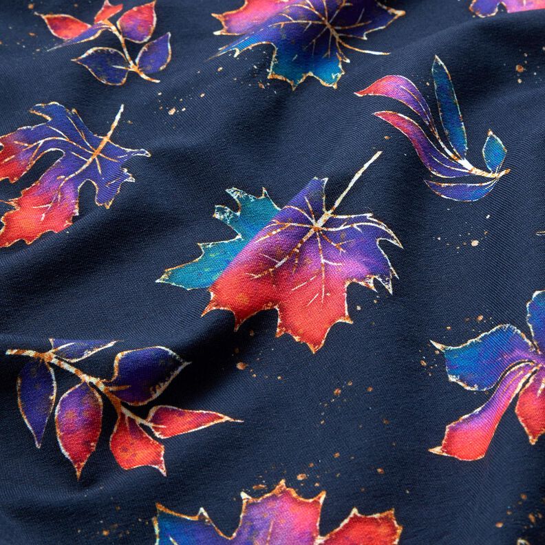 French terry Foglie autunnali variopinte | Glitzerpüppi – blu notte/rosso fuoco,  image number 2