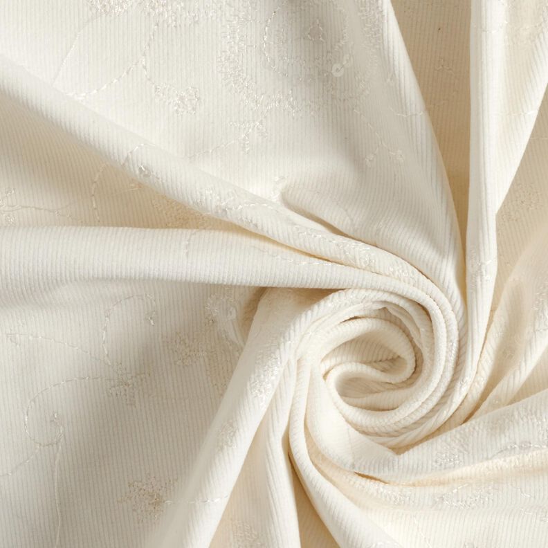 Velluto a costine con fiori ricamati in pailletes – bianco lana,  image number 3