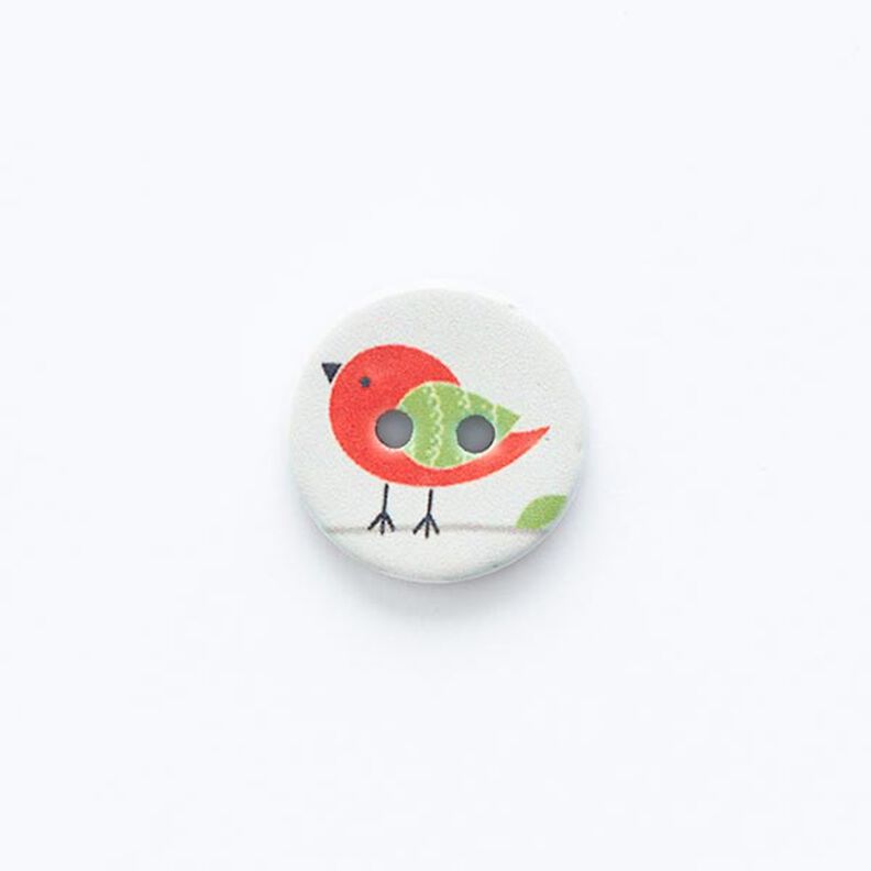 bottone con uccellino, 2 fori [ Ø 15 mm ] – bianco lana/rosso,  image number 1