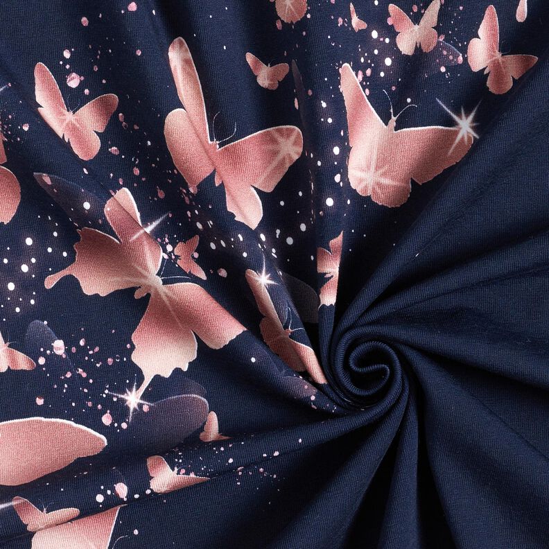 jersey di cotone Farfalle scintillanti | Glitzerpüppi – blu notte/rosa anticato, image number 3