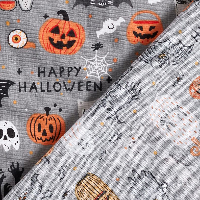 tessuto in cotone popeline Happy Halloween – grigio elefante/arancio chiaro, image number 4