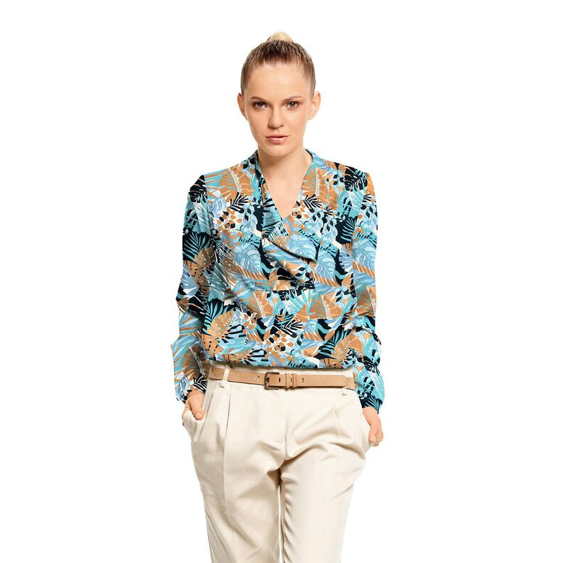 tessuto crêpe satin Palme e Monstera – blu brillante/nero-azzurro | Resto 130cm,  image number 5