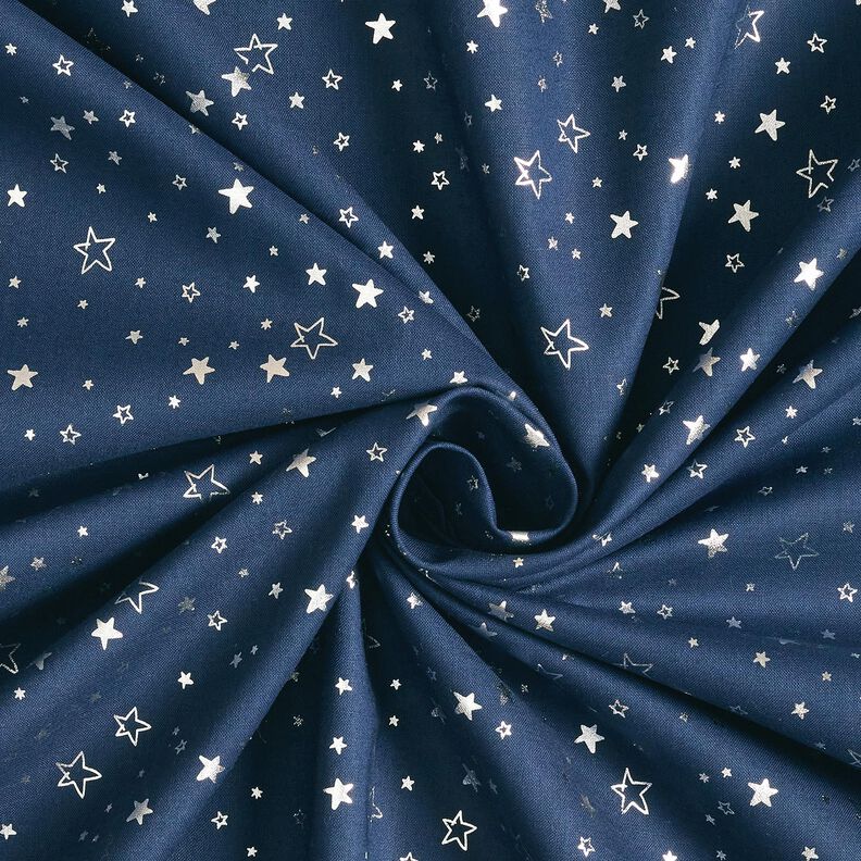 tessuto in cotone popeline stampa laminata stelle di Natale – blu notte/argento effetto metallizzato,  image number 3