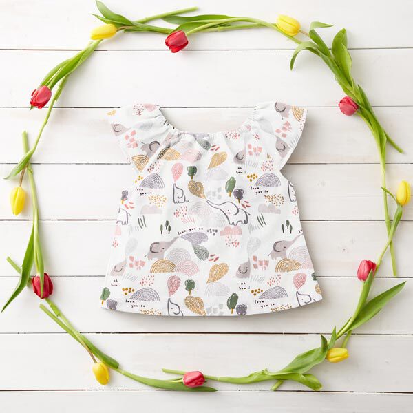 tessuto in cotone cretonne paesaggio con elefanti – bianco,  image number 6
