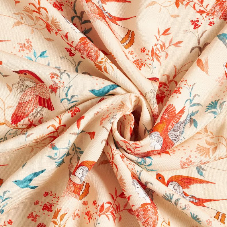 Tessuto in viscosa LENZING™ ECOVERO™ con uccelli e fate | Katia Fabrics – crema/rosso fuoco, image number 3