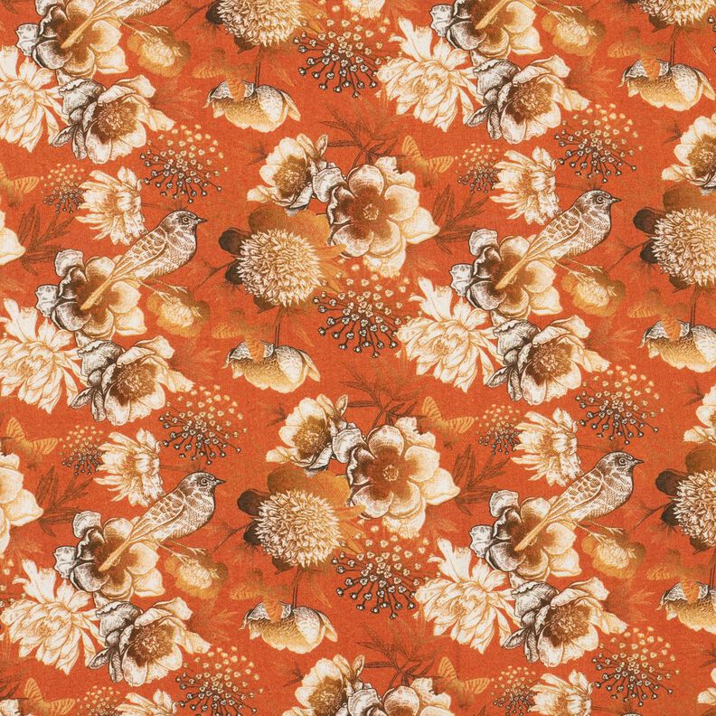 Tessuto di viscosa Uccelli e rose selvatiche – terracotta/caramello, image number 1