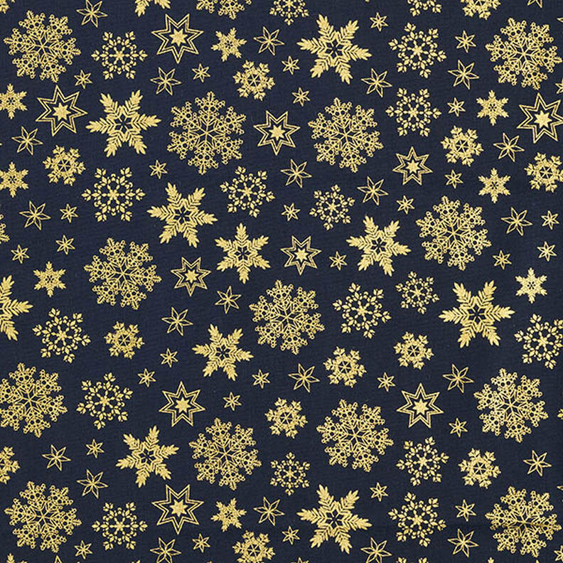 tessuto in cotone popeline Cristalli di neve – blu notte/oro,  image number 1