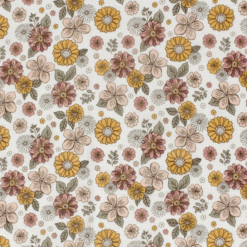 mussolina / tessuto doppio increspato Fiori retró – bianco, image number 1