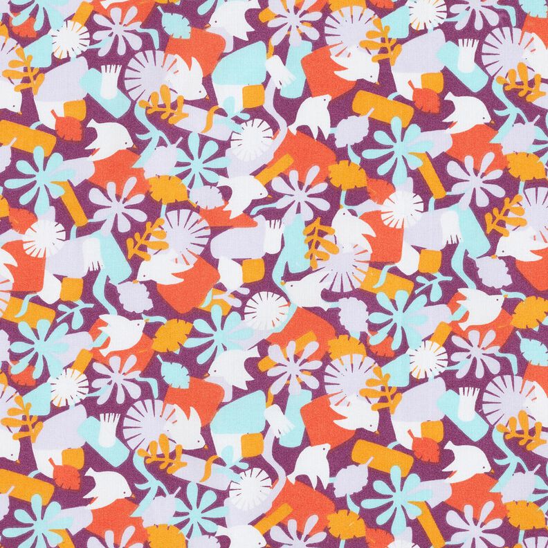 tessuto in cotone cretonne Uccelli e fiori – uva/violetto pastello, image number 1