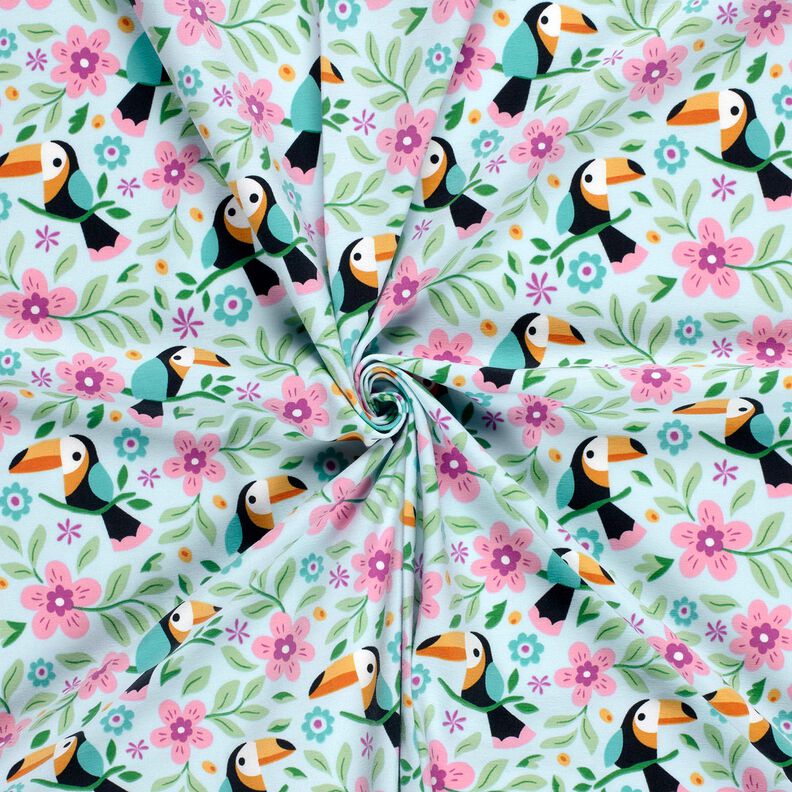 jersey di cotone Tucani in una giungla di fiori – azzurro baby/arancione,  image number 3