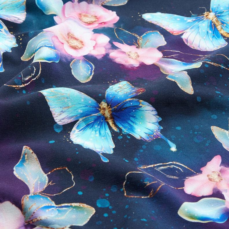 jersey di cotone Farfalle e fiori scintillanti | Glitzerpüppi  – blu notte/blu ghiaccio,  image number 2