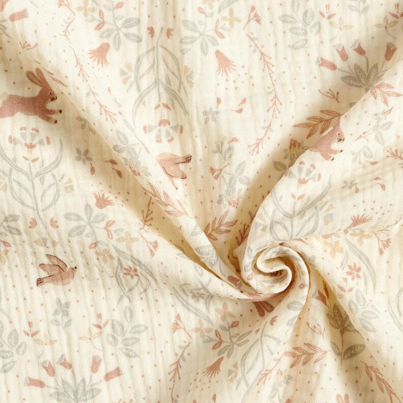 mussolina / tessuto doppio increspato Uccello e coniglio nel giardino fiorito – bianco lana,  image number 3