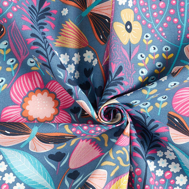 tessuto in cotone cretonne farfalle e fiori – grigio blu/pink,  image number 3