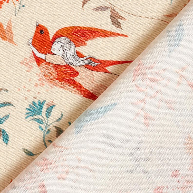 Tessuto in viscosa LENZING™ ECOVERO™ con uccelli e fate | Katia Fabrics – crema/rosso fuoco, image number 4