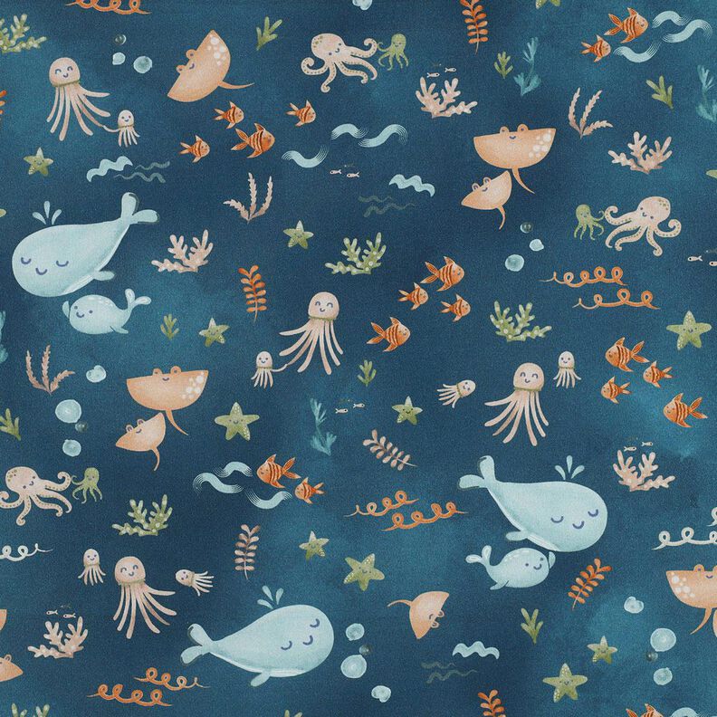 popeline di cotone Aanimali marini felici stampa digitale | Poppy Fabrics – blu oceano,  image number 1