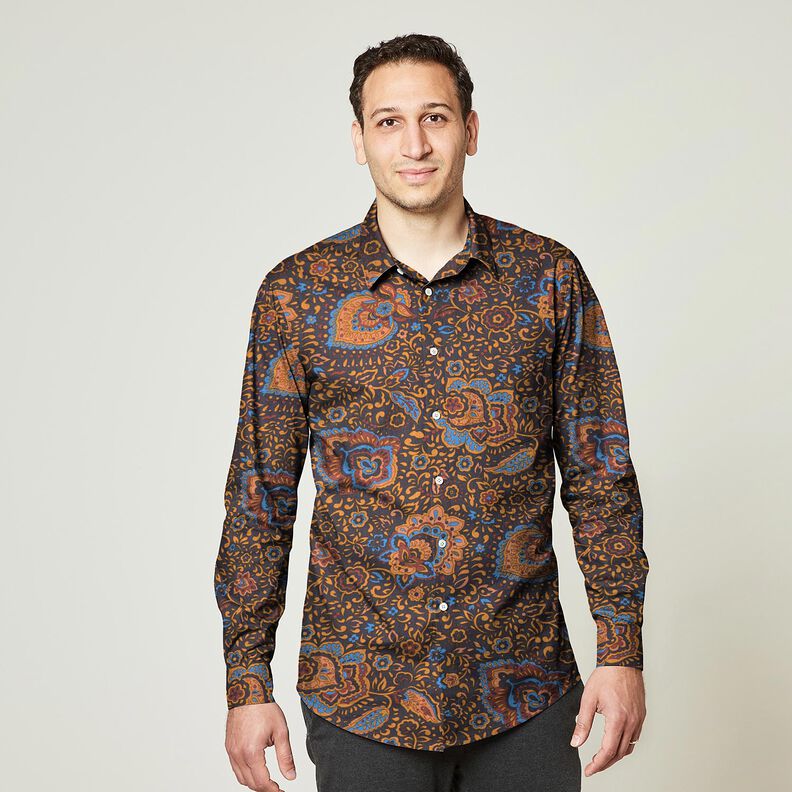 tessuto per camicie Fiori retrò e motivi paisley – blu notte/caramello,  image number 5