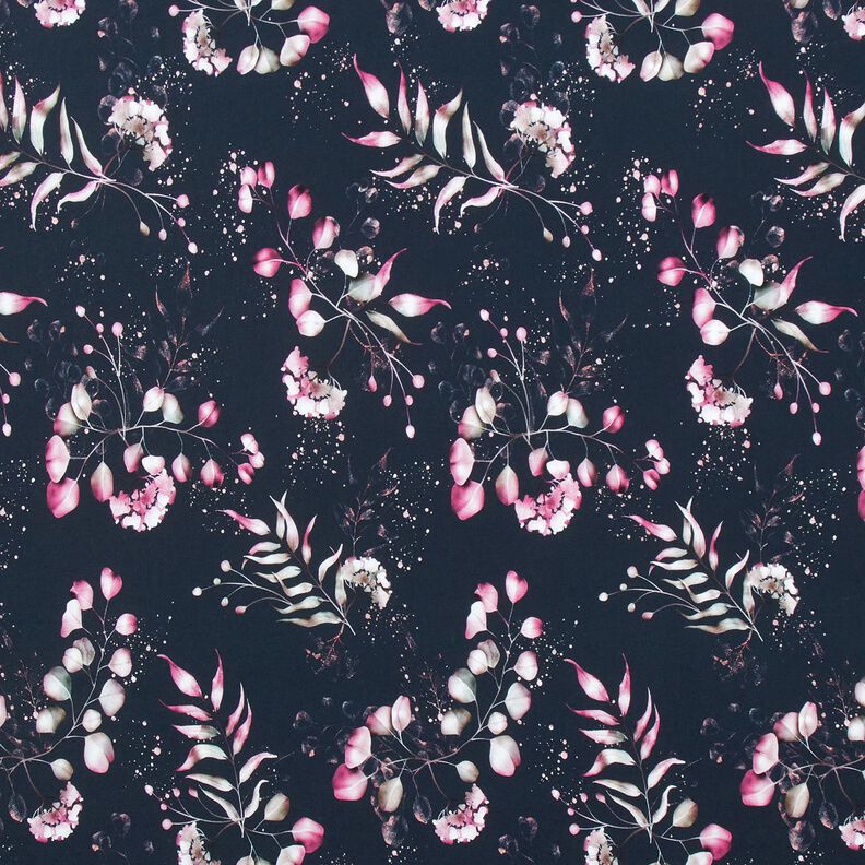 jersey di cotone Eucalipto e ortensie | Glitzerpüppi – blu notte/rosa, image number 1