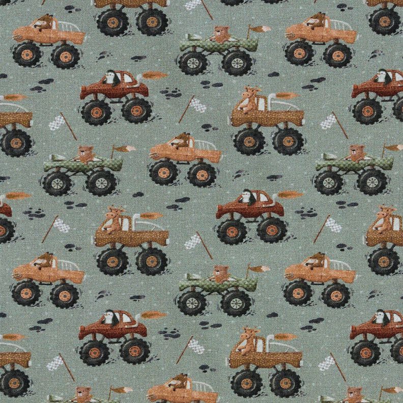 jersey di cotone Animali nei monster truck stampa digitale &ndash; grigio elefante,  image number 1