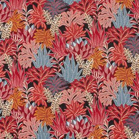 tessuto arredo Jacquard Foglie della giungla – nero/rosso carminio, 