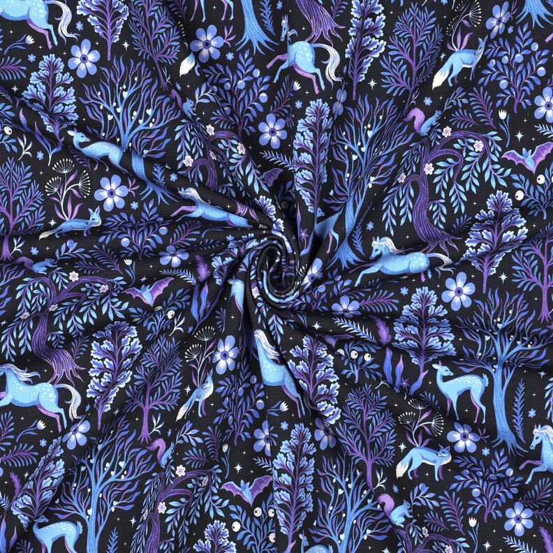 French terry, felpa estiva foresta incantata stampa digitale | Poppy Fabrics – nero-azzurro/lillà,  image number 3
