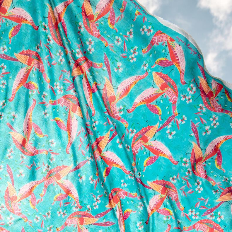 Tessuto in viscosa per abbigliamento da spiaggia con pavoni e fiori – azzurro/rosa fucsia acceso, image number 6