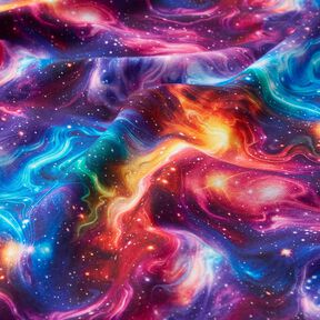 French terry, felpa estiva Galassia stampa digitale – lilla bluastro/rosso fuoco, 