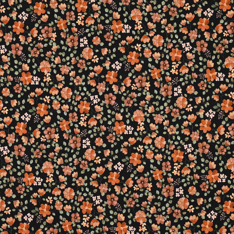 GOTS jersey di cotone fiori autunnali stampa digitale – nero/arancio pesca,  image number 1