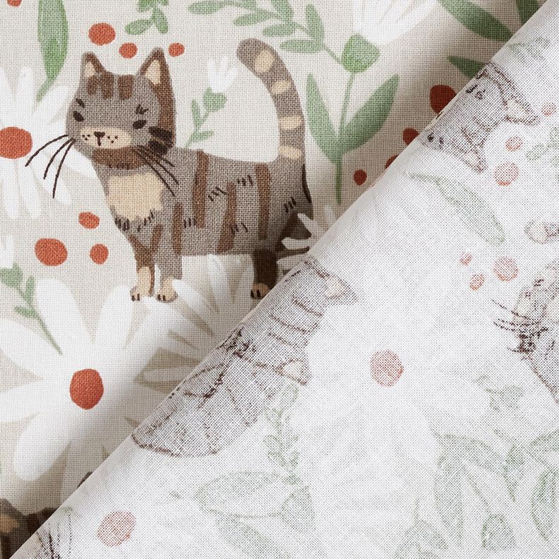 tessuto in cotone cretonne Gatti in un prato fiorito – grigio argento,  image number 4