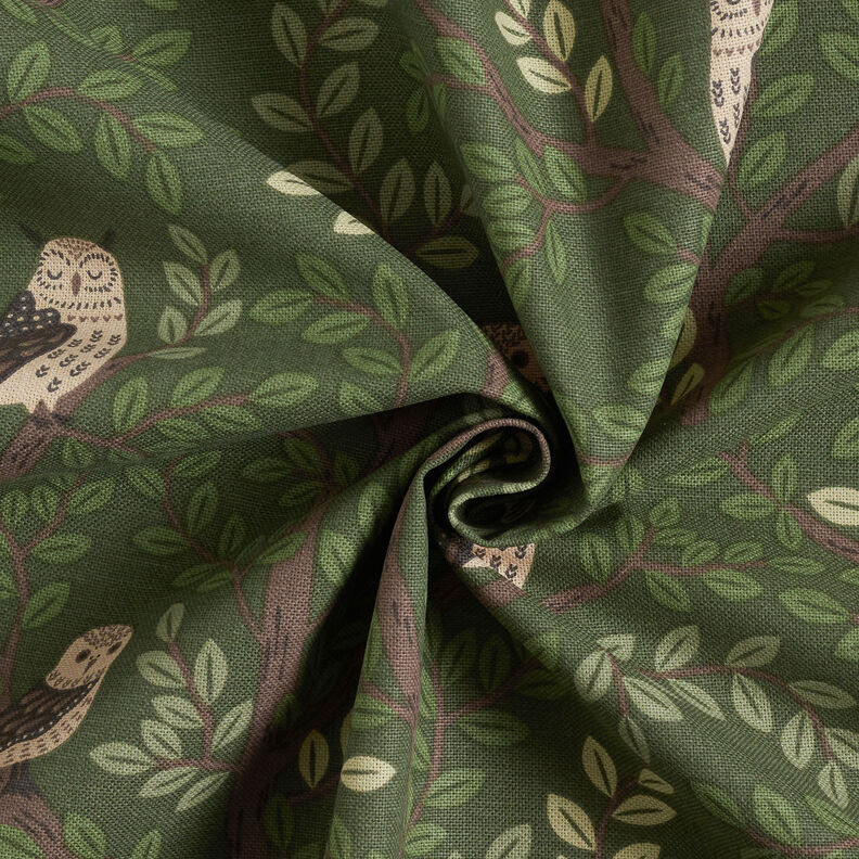 tessuto arredo mezzo panama Gufi della foresta – verde scuro/cioccolato, image number 3