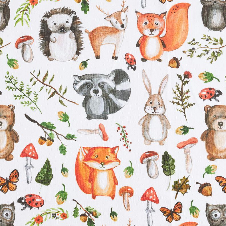 tessuto arredo mezzo panama animali della foresta dipinti – bianco,  image number 1