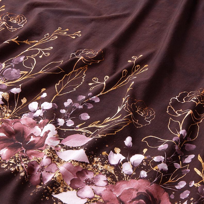 jersey di cotone tessuto con bordura Fiori iglitterati in oro | Glitzerpüppi – rosso Bordeaux/lillà,  image number 2