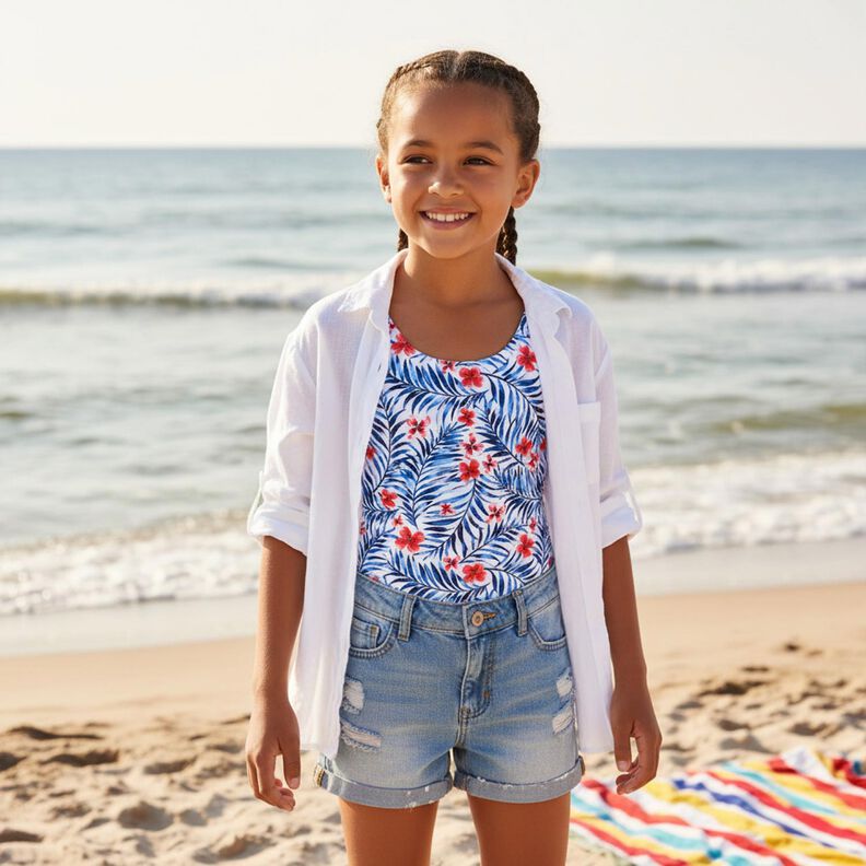 tessuto per costumi da bagno Fiori e foglie di palma &ndash; bianco/indaco,  image number 6