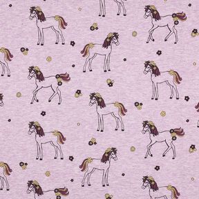 jersey di cotone cavallo e fiori glitterati | Poppy Fabrics – violetto pastello/oro, 