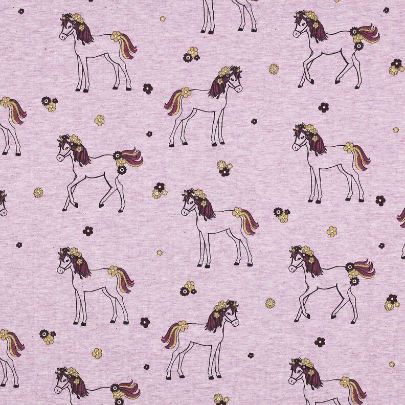 jersey di cotone cavallo e fiori glitterati | Poppy Fabrics – violetto pastello/oro, image number 1